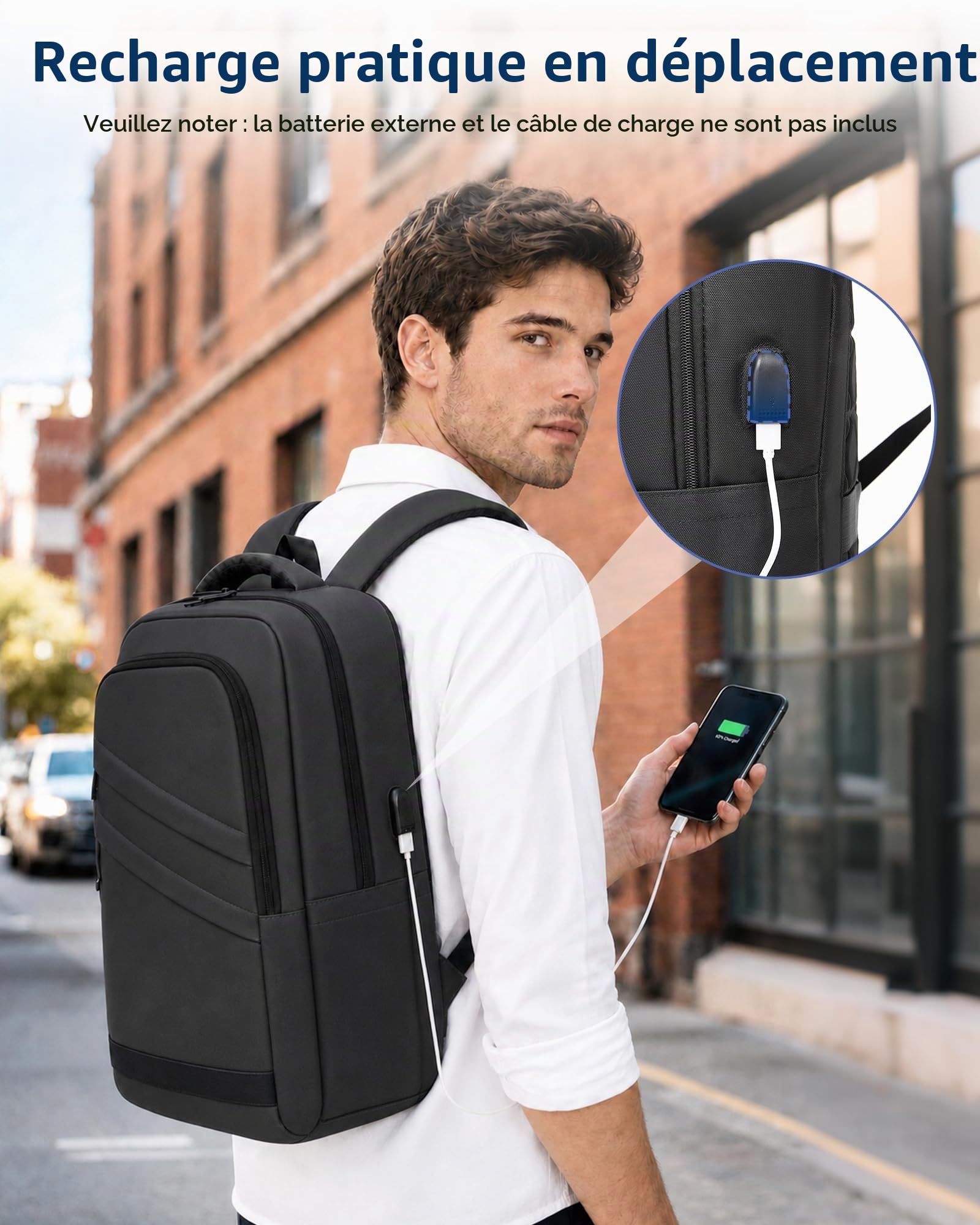 Sac à Dos Ordinateur 15,6 Pouces Homme Femme, Léger avec Port USB, Sac a Dos de Travail pour Voyage, Bureau, Université, Quotidien (Noir)