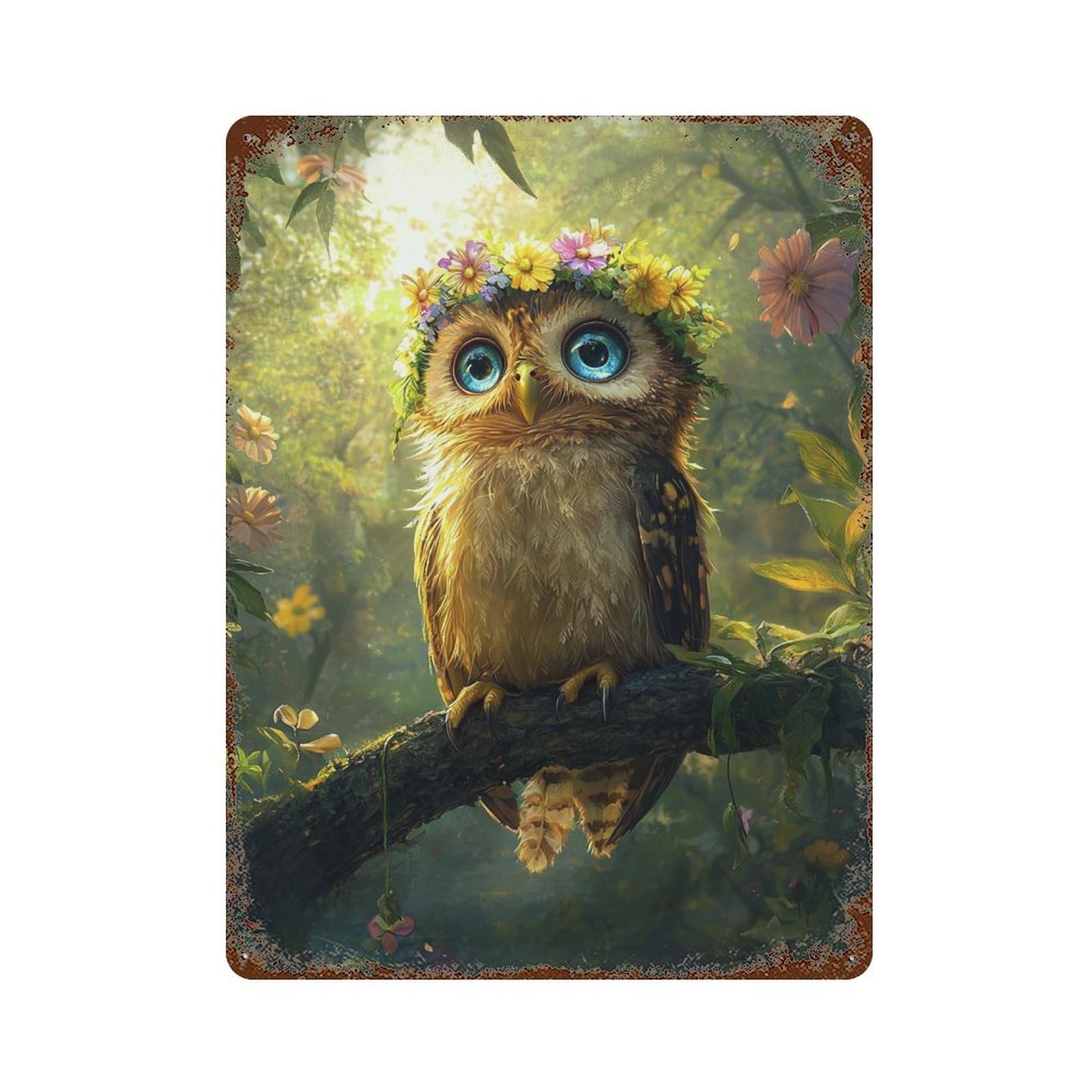 Enchanted Forest Owl 15.7"x11.8" Aged Metal Wall Plaque, Classic Wall Plaque for Pub, Kitchen And Man Cave Decor