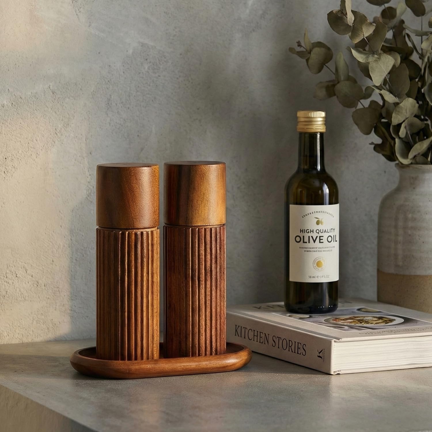 Acacia Wood Salt and Pepper Grinder Set with Matching Tray - 6.5 Inch Refillable Manual Wooden Pepper Mills with Adjustable Ceramic Coarseness, Non-Slip Ribbed Design & Engraved S&P Lids