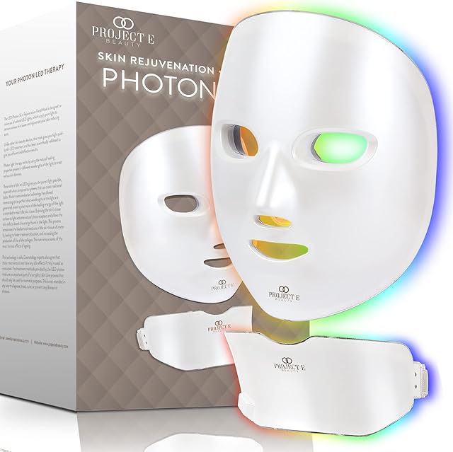 Project E Beauty Photon Skin Rejuvenation Face & Neck Mask | Wireless LED Photon Therapy 7 Color Light Treatment Anti Aging Acne Spot Removal Wrinkles Whitening Facial Beauty Skin Care Mask