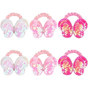 6 Pack Sequin Butterfly Bow Scrunchies - Cute Hair Ties and Pony Holders for Girls, Kids, Women