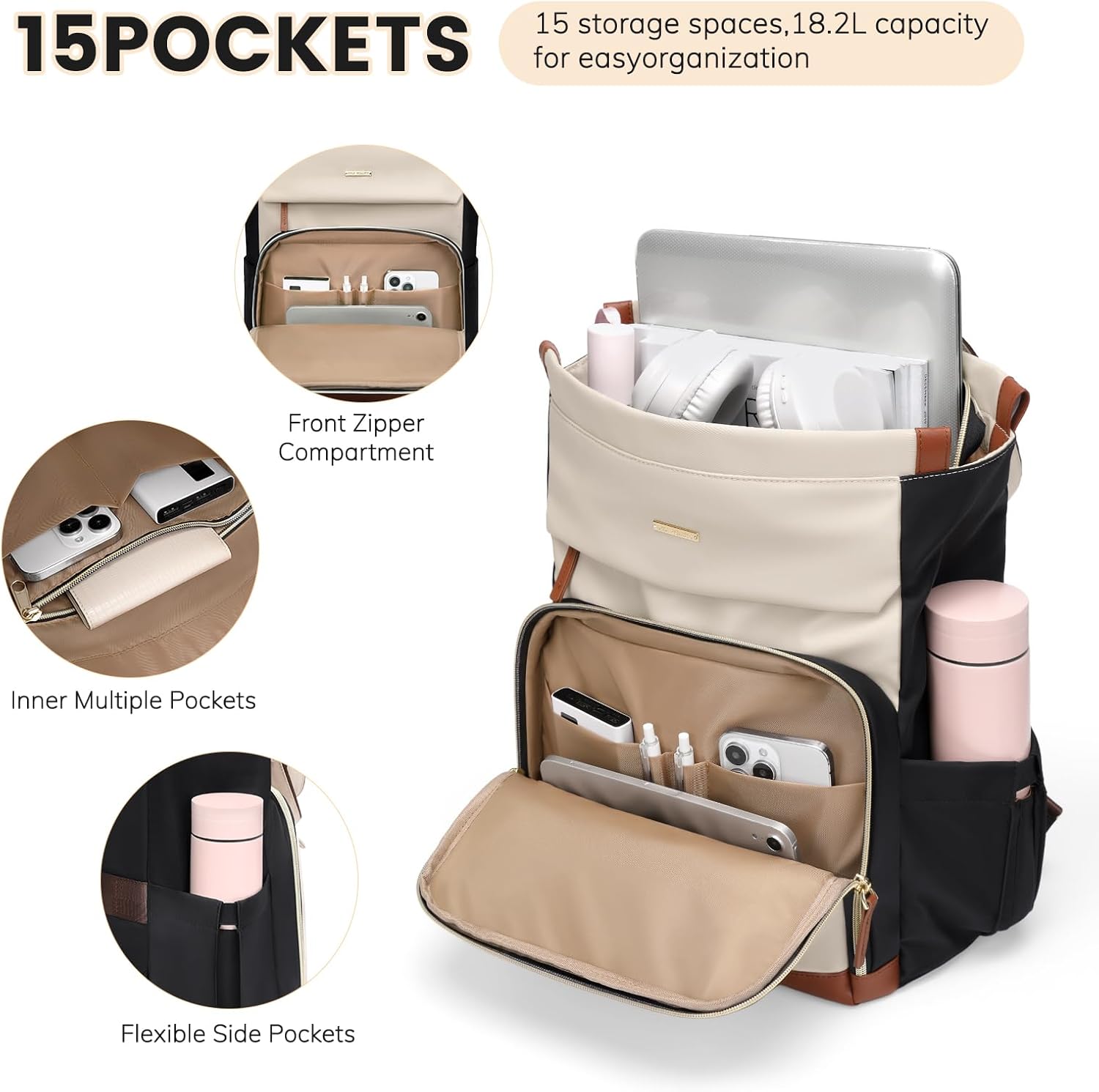 Convertible Daypack Laptop Backpack for Women Men Carry on Tote Backpack Bookbag for College Work Nurse Travel,16Inch,Apricot Brown - Image 3