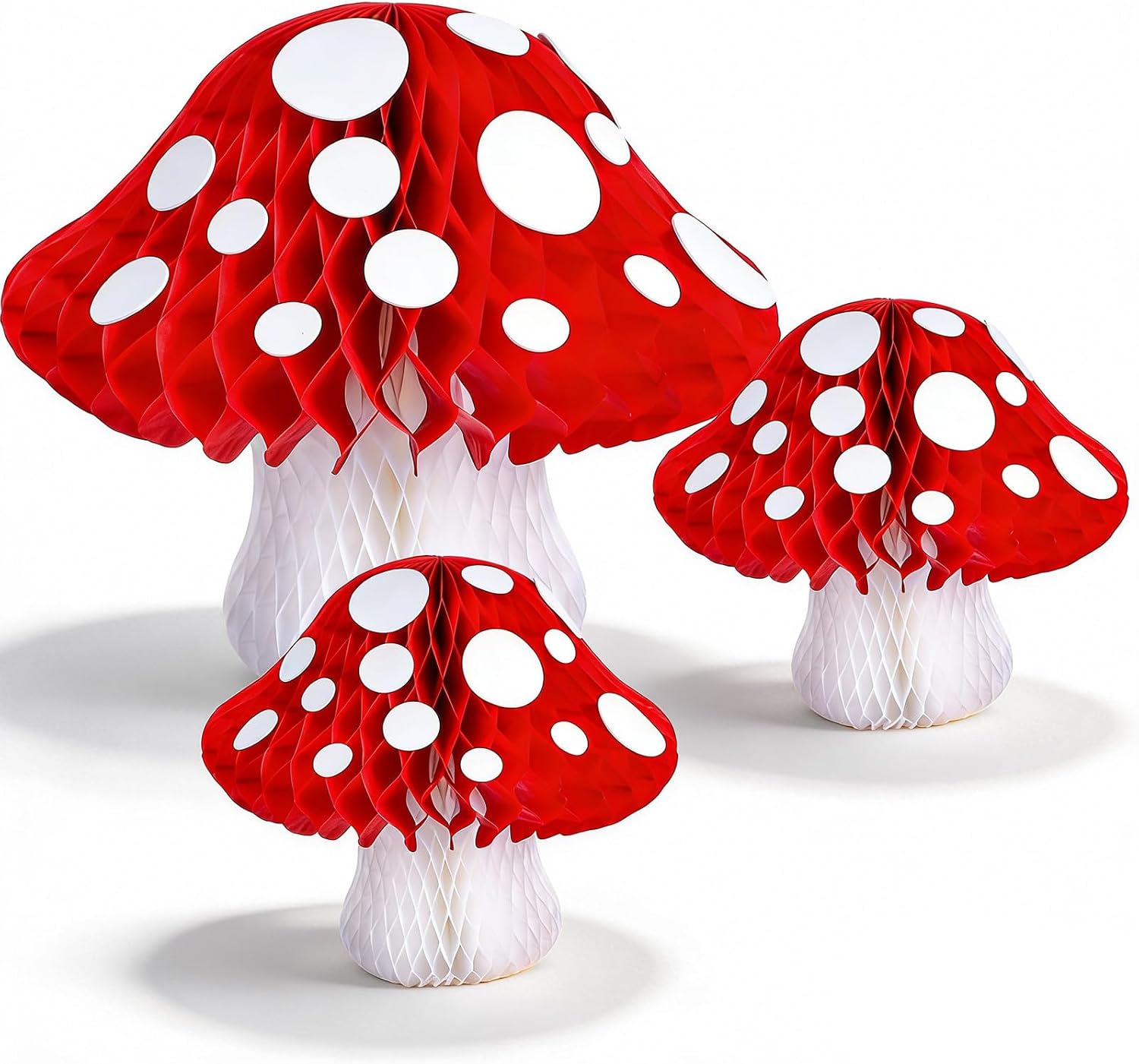 3Pcs Mushroom Honeycomb Decor Tissue Paper Pom, 3D Mushroom Hanging Ceiling Sign, Cute Hanging Mushrooms Decor, for Fairy Forest Garden Wonderland Party, Centerpieces Birthday Baby Shower Decoration