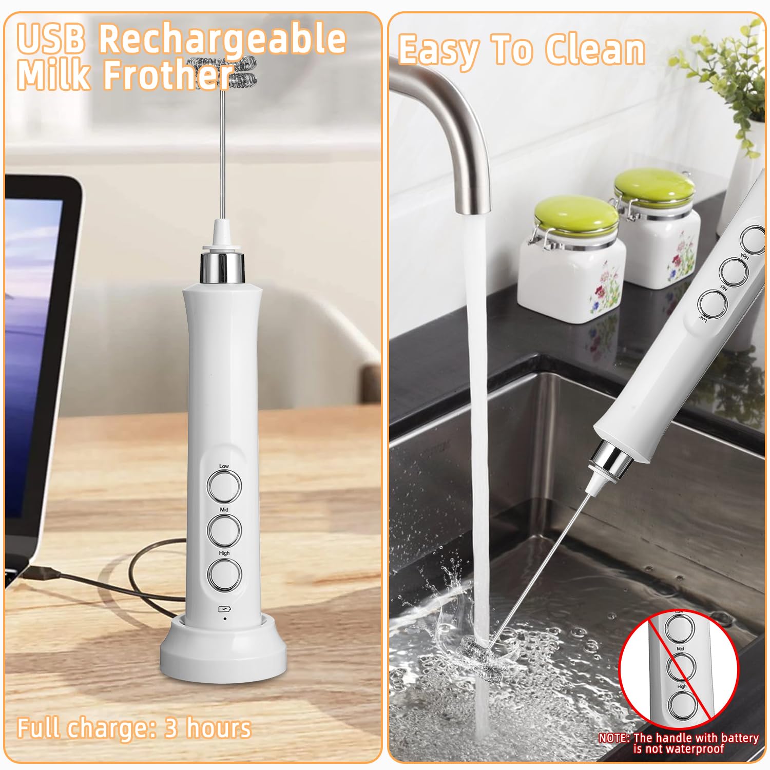 Montalatte Elettrico USB, frullino montalatte con 3 frullino in acciaio inox,3 velocità regolabili,Potente Schiumalatte Elettrico per Caffè, Latte, Cappuccino, Matcha (bianco)