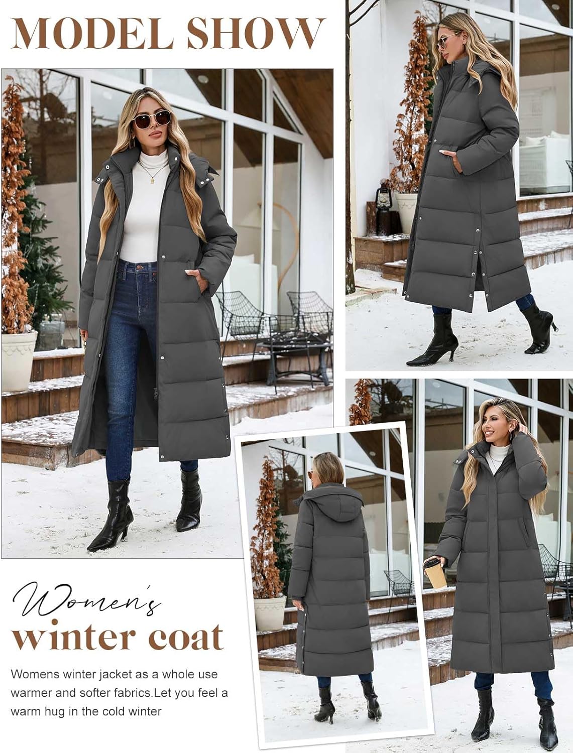 Women's Long Maxi Down Coat Winter Puffer Jacket Warm Padded Outerwear Faux Fur Removable Hood Parka Full-Zip - Image 3