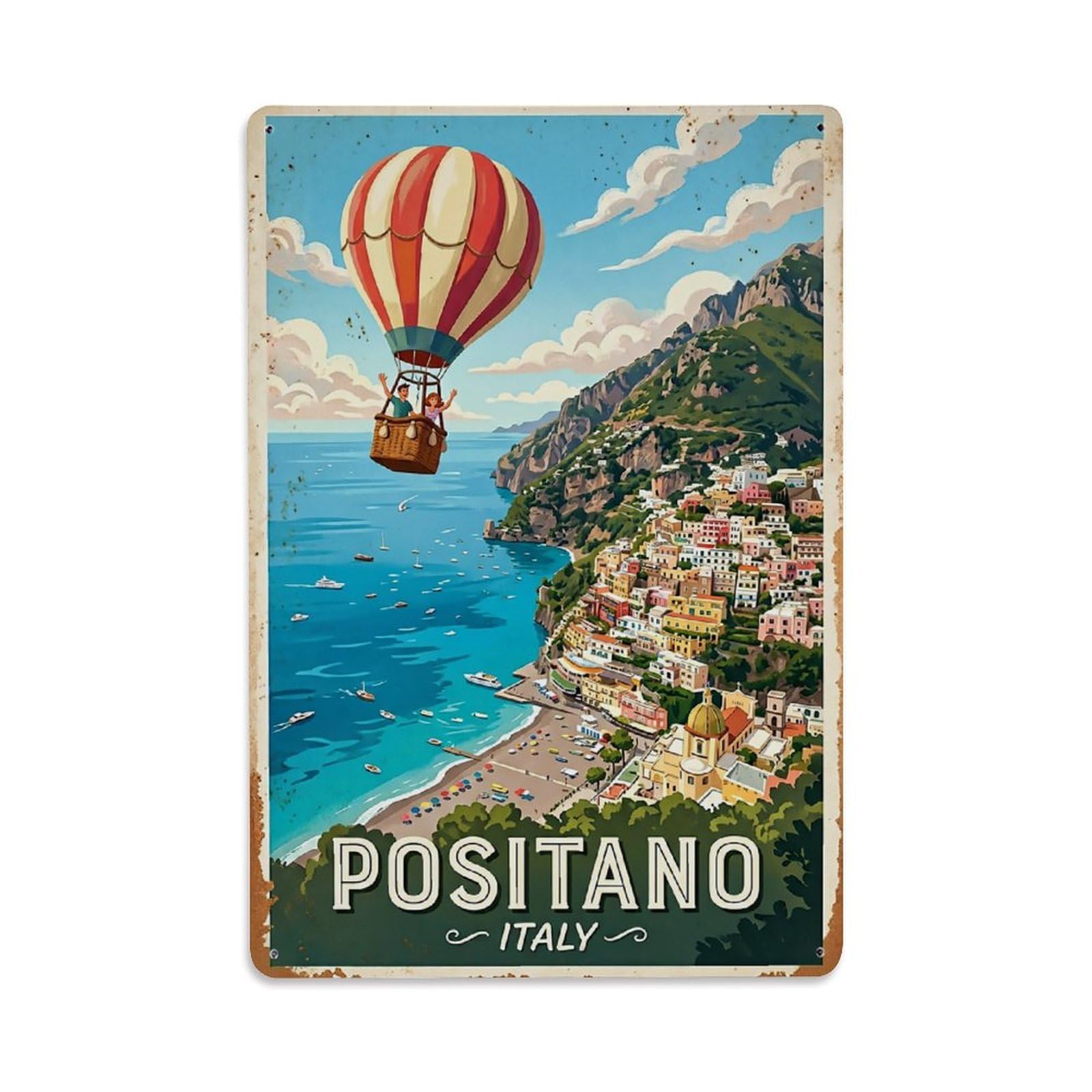 Huiyhb 8X12inch(20X30cm) Vintage Travel Positano Italy Balloon Above Bay Metal Tin Sign