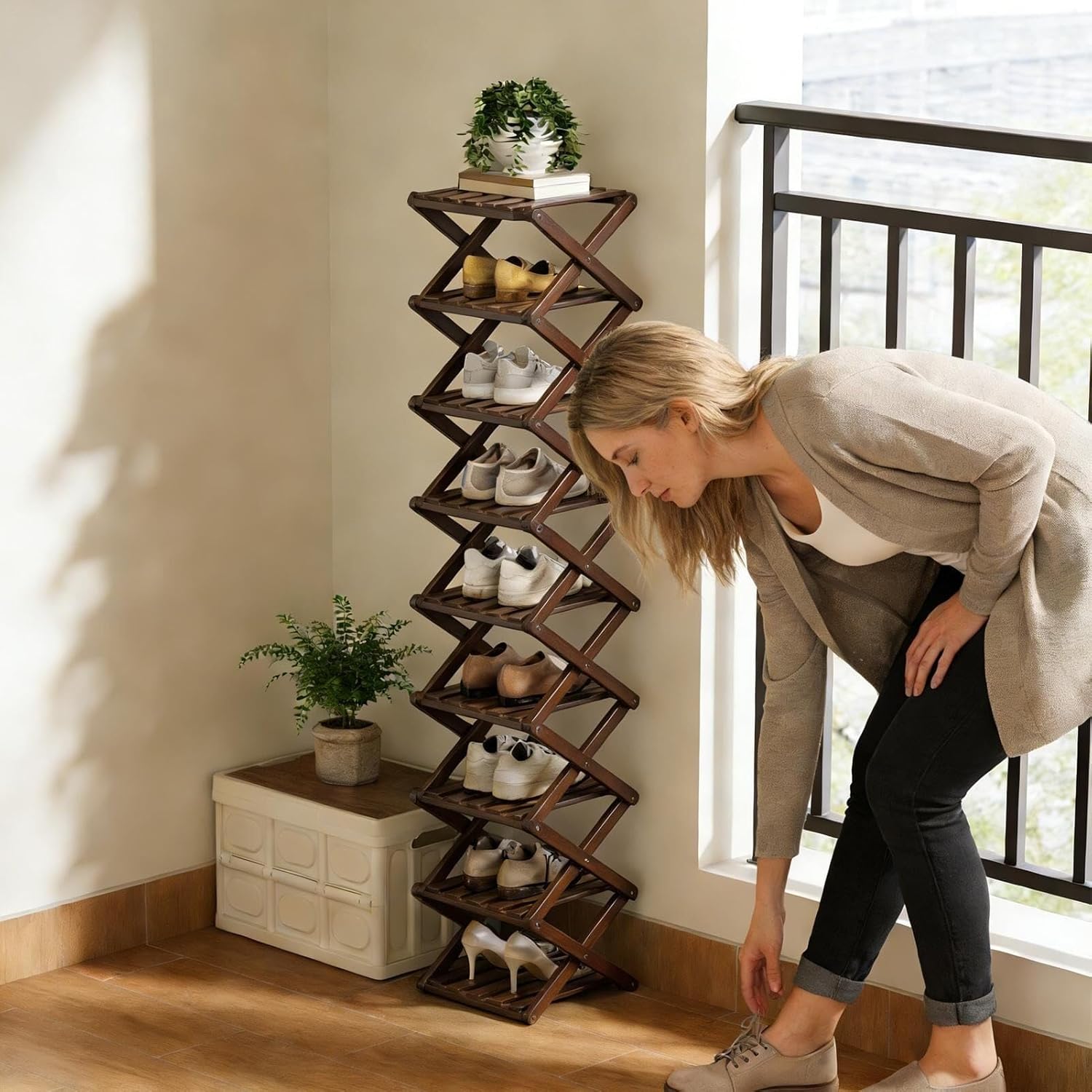 Multi-Tier Wooden Shoe Rack: A Vertical Shoe Organizer Featuring a Slim, Space-Saving Design that showcases the Natural Texture of Wood Grain—Perfect for use in hallways, entryways, and Dormitories.
