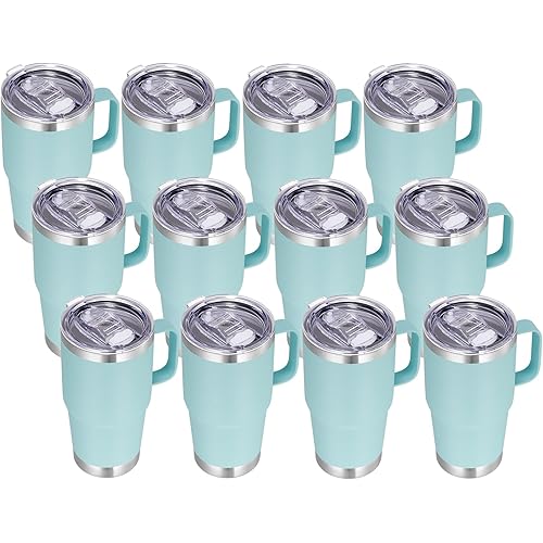 VEGOND 20 oz Tumbler Bulk with Handle Lid and Straw, Stainless Steel Insulated Travel Coffee Mug Set, Spill Proof Double Wall Metal Tumblers Cups, Mint Green 12 Pack