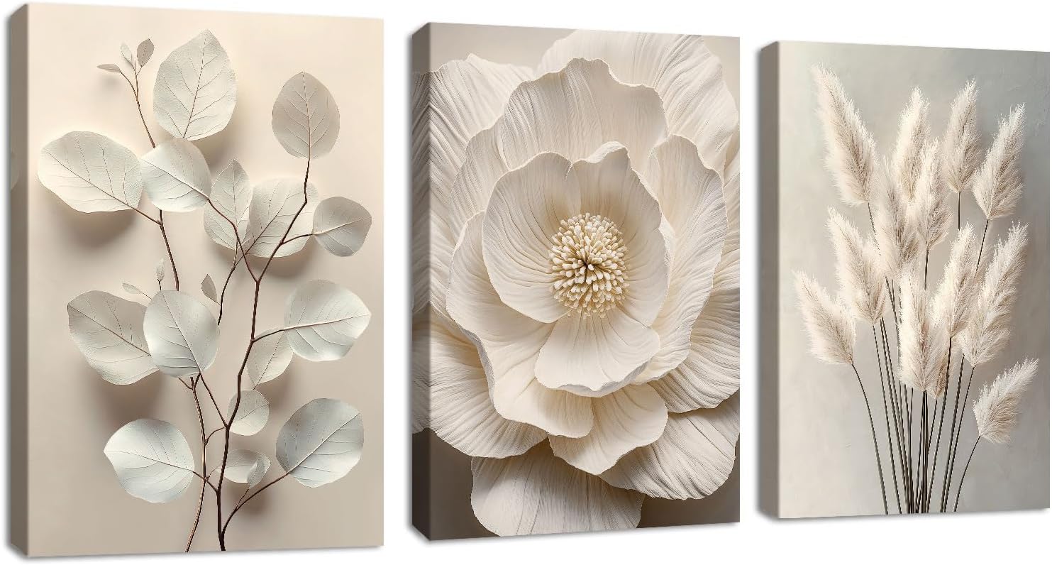 Neutral Beige Floral Plant Canvas Pictures with Frame Boho Textured Flower Botanical Wall Pictures Beige Bedroom Picture on Canvas Art Print Decoration for Living Room 40 x 60 cm x 3 Pieces Pack of 3
