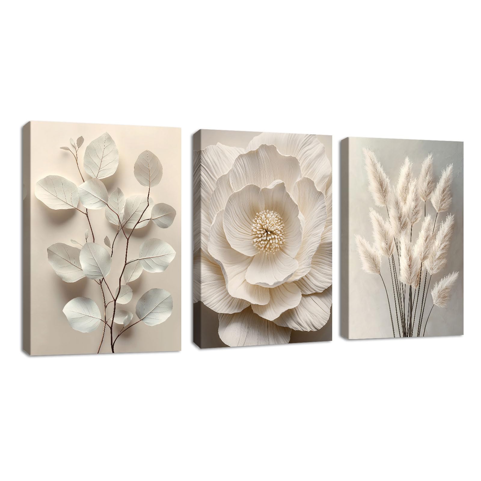 3Pcs Neutro Beige Floral Planta Marco de madera Cuadros Decoracion Salon,3D Textura Flor Botánico Cuadros Pintura Lienzos decorativos Dormitorio Comedor Decoración de Pared Listo para colgar 30x40cmx3