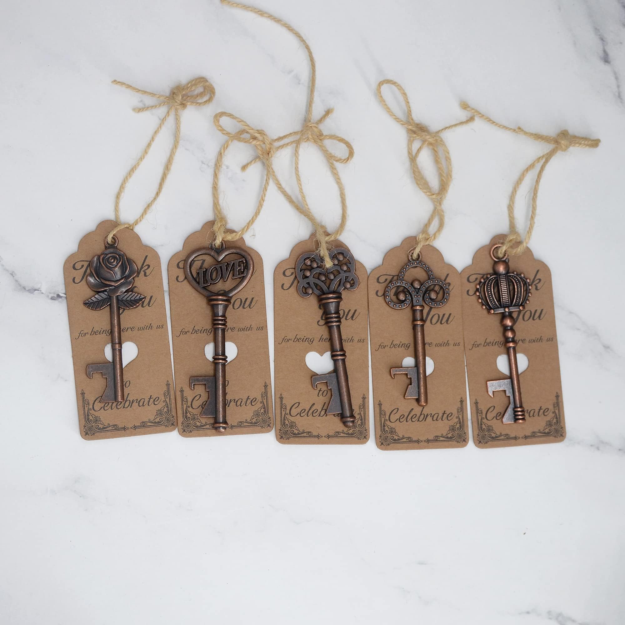 100 piccoli apribottiglie vintage in metallo con etichetta di ringraziamento e spago, accessorio divertente multiuso per compleanni, bomboniere, portachiavi, idee regalo per gli ospiti