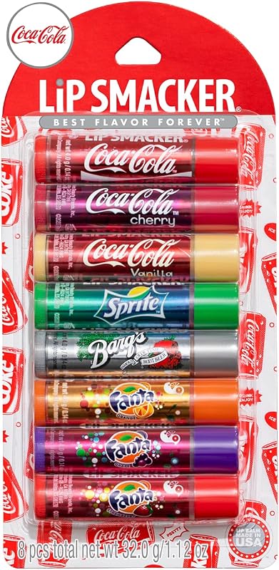 Bálsamo con sabor a Coca-Cola Lip Smacker, 8 unidades, sabores de Coca-Cola, Sprite de vainilla y cereza, cerveza de raíz, Fanta de naranja, Fanta de fresa y uva