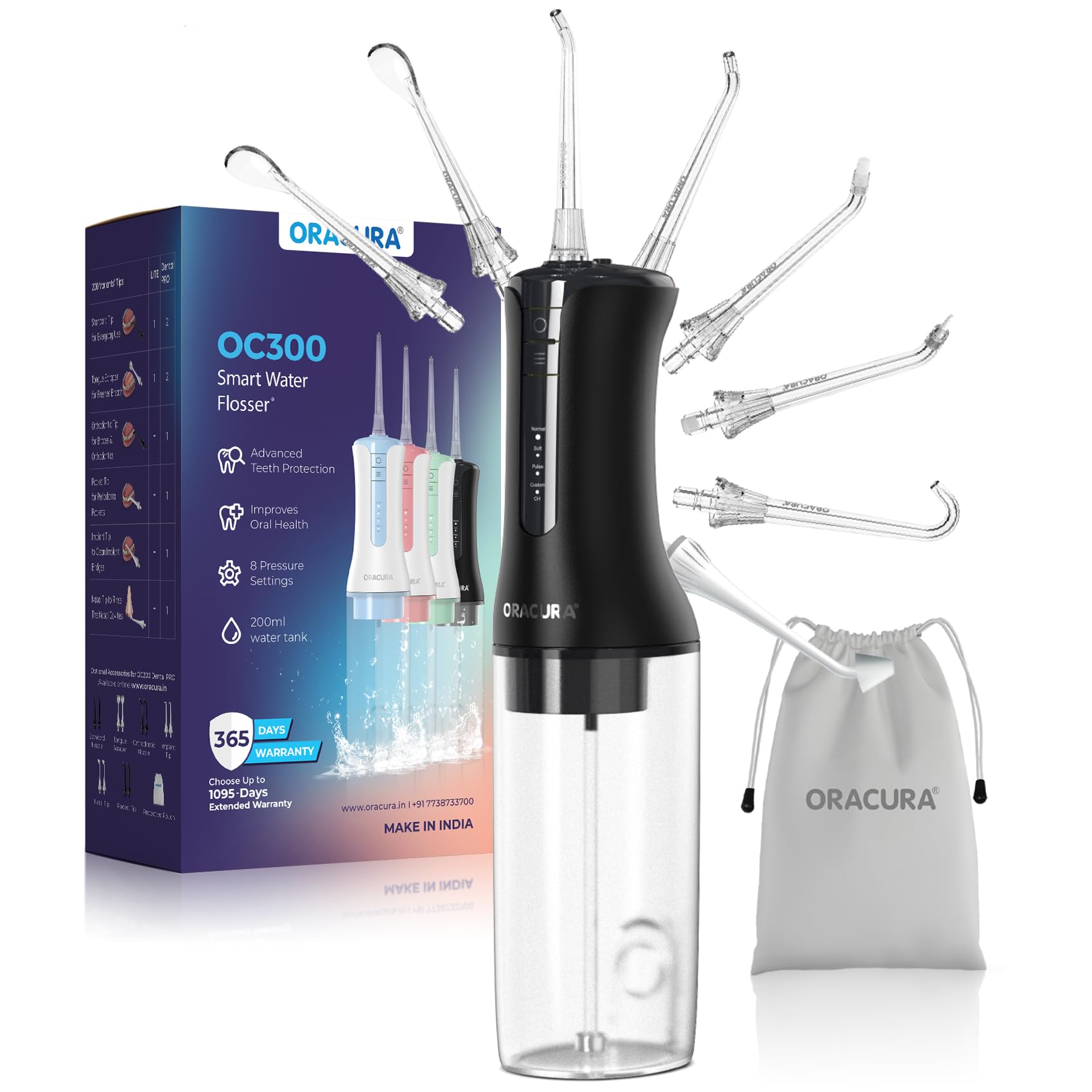 ORACURA OC300 Dental PRO Smart Prof Water Flosser Black, 2 Year Warranty, 4 Modes, Micro-Bubble Technology, 4 Vibrant Colours, 300ml Water Tank Bundled with Free 200ml Water tank, 8 Nozzle Tip?