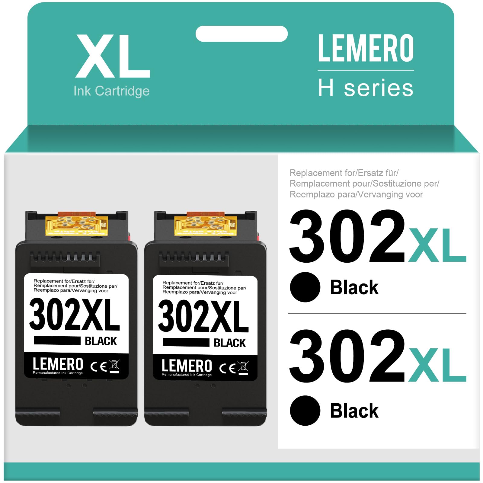 Lemero 302 cartucce XL nere compatibili con cartucce d'inchiostro HP 302 Multipack 302XL Nero per HP Envy 4525 4520 Deskjet 3630 3639 Officejet 3830 3831 5230(2-Pack)