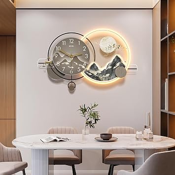 3D Wall Clock with LED Light, Large Wall Hanging Sculpture Painting, Creative Landscape Wall Hanging Decorations for Living Room Entrance Corridor