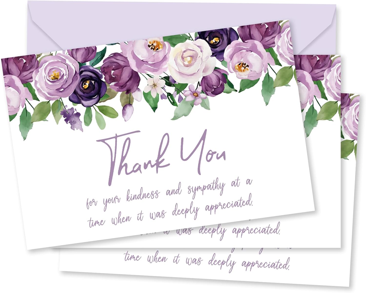 FYSUIMU 50 Pcs Funeral Thank You Cards Bulk Boxed Floral Sympathy Blank Note Cards with Sticker Envelope Purple Flower Bereavement Card for Memorial Service Loved Ones Celebration of Life