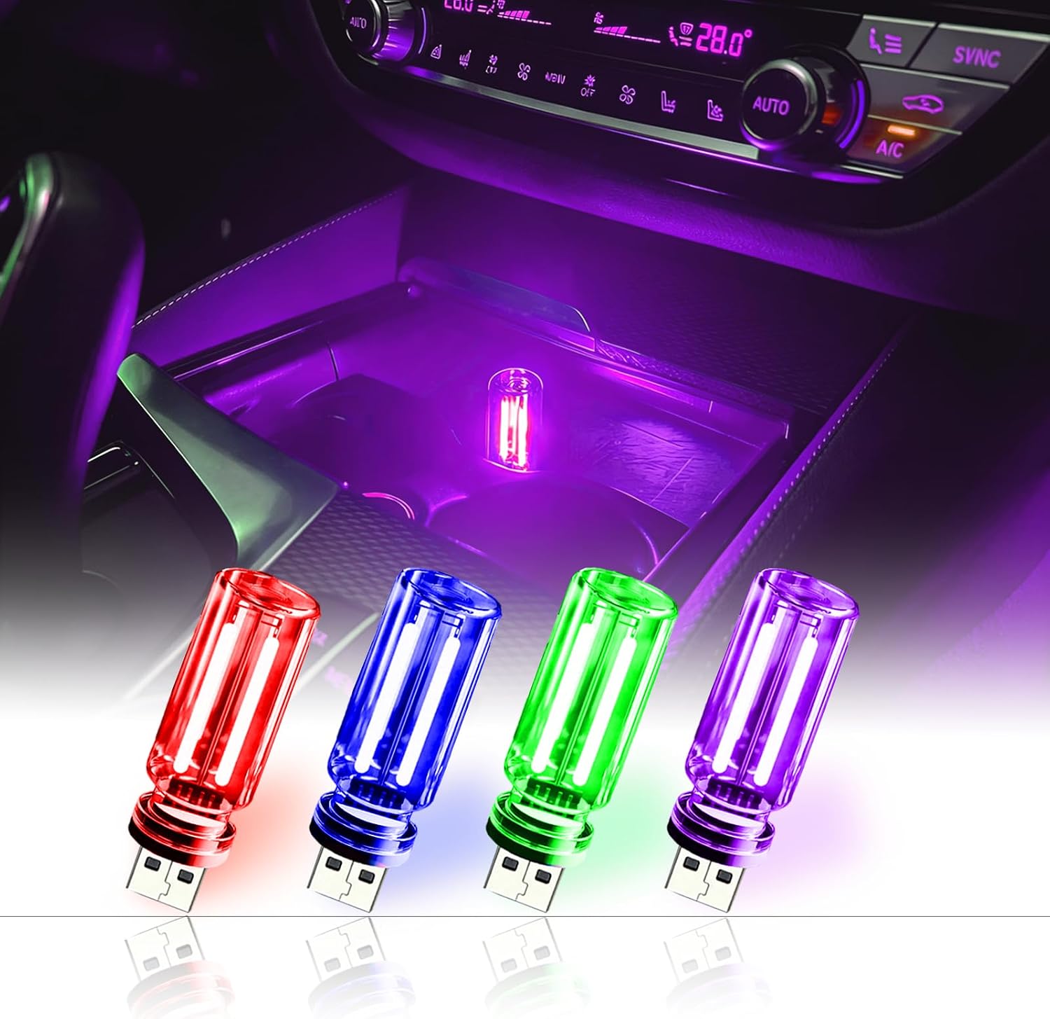 4 Pack USB Ambient Light Set, Mini Vintage Glass USB Night Lights with Touch Control & Dimmable, Plug in Car Interior Atmosphere Lamp for Bedroom, Laptop, Portable Mood Lighting(Red Blue Purple Green)