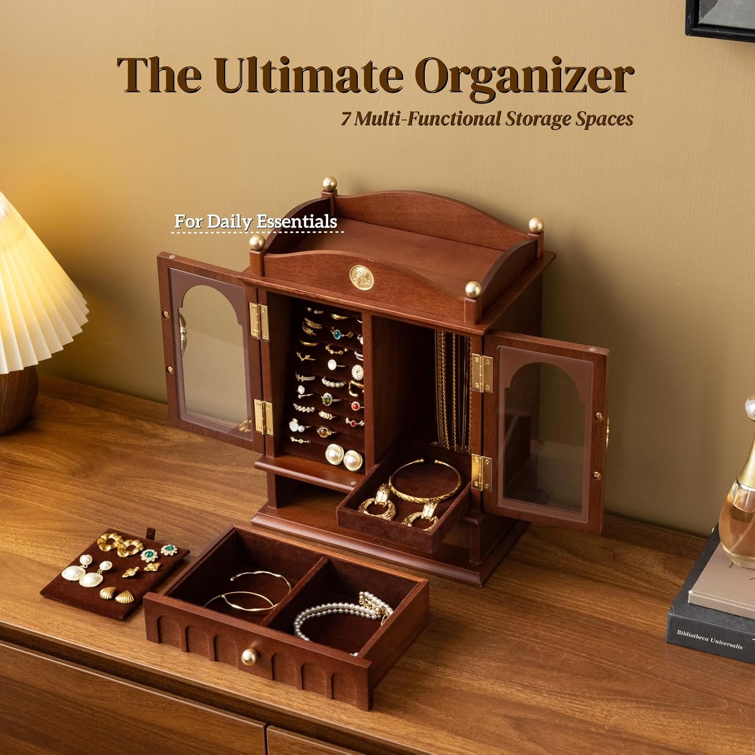 KINTNESS Magic House Style Black Walnut Wooden Jewelry Box - Solid Wood Large Jewelry Organizer with Secret Compartment for Women Girls, Jewelry for Bracelet, Necklace, Ring