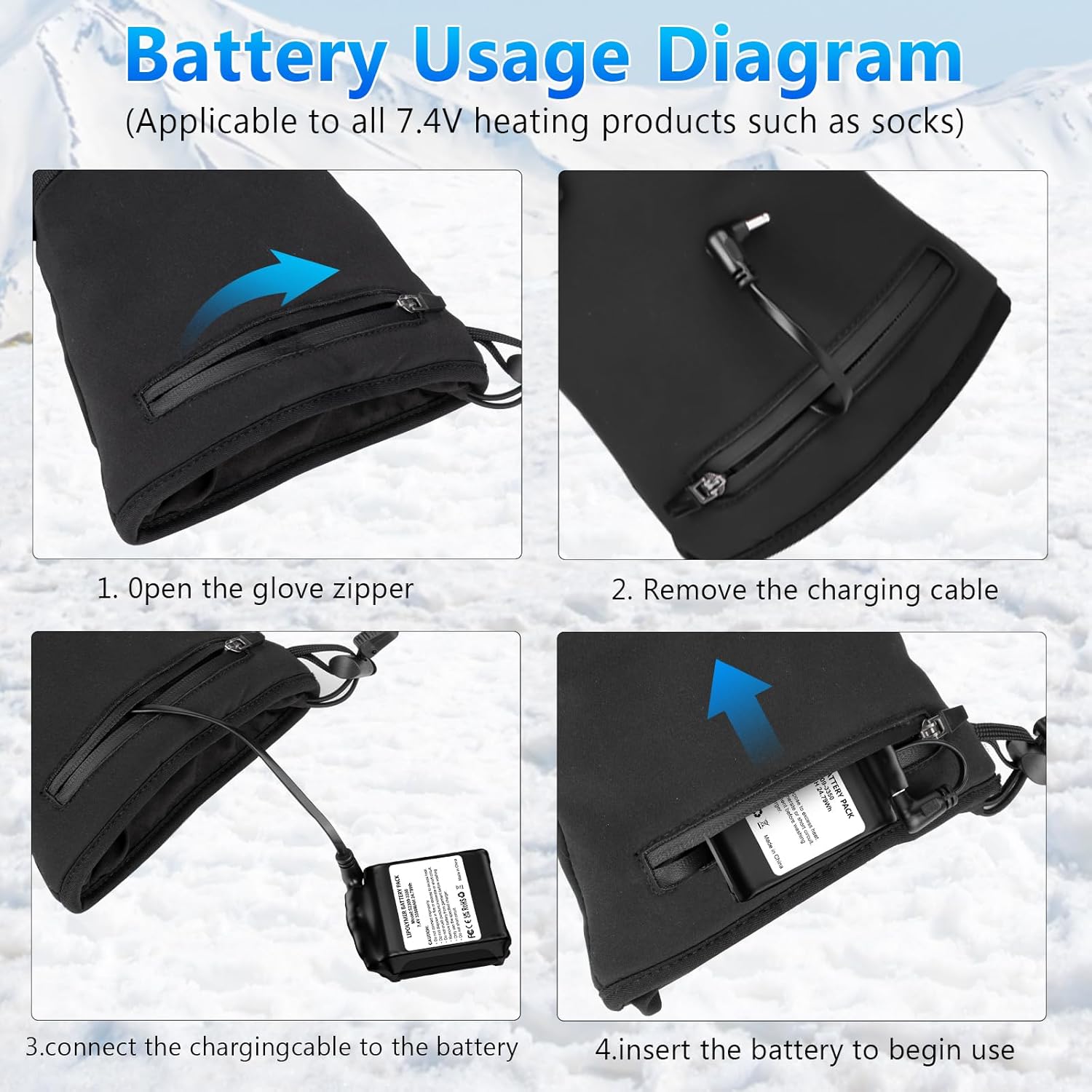 2 Pack Rechargeable Li-Polymer Battery Pack 7.4V 3350mAh Compatible with Heated Gloves, Heated Socks, and Other Outdoor Warming Gear