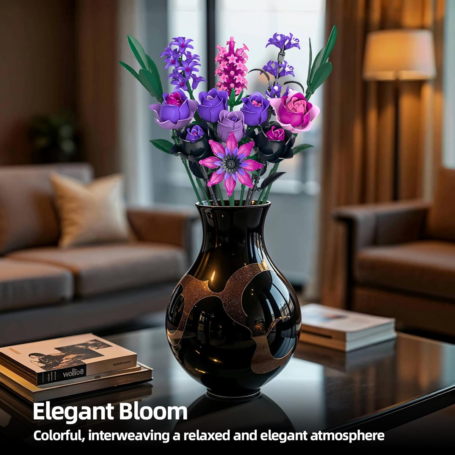 Purple Rose Flowers Bouquet Building Set - Valentines Decor Compatible with Lego Flowers for Adults Women - Gothic Home Office Table Centerpiece Decor, Halloween Christmas Valentine's Gift - Image 3