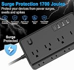 Protecteur de bande de puissance avec 8 Sorties & 3 USB Ports & 1 USB-C Port (5V/3A), 1700 Joules, Bouchon plat en angle, Sorties espacées & ETL Répertorié Power Outlet pour le bureau d'accueil - noir