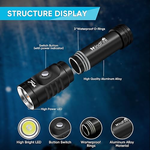 Miniatura 2 de WINDFIRE Dive Light Scuba Diving Flashlight, Super Bright Rechargeable Waterproof Torch with Power Indicator, 3 Modes Underwater Lights, Scuba &