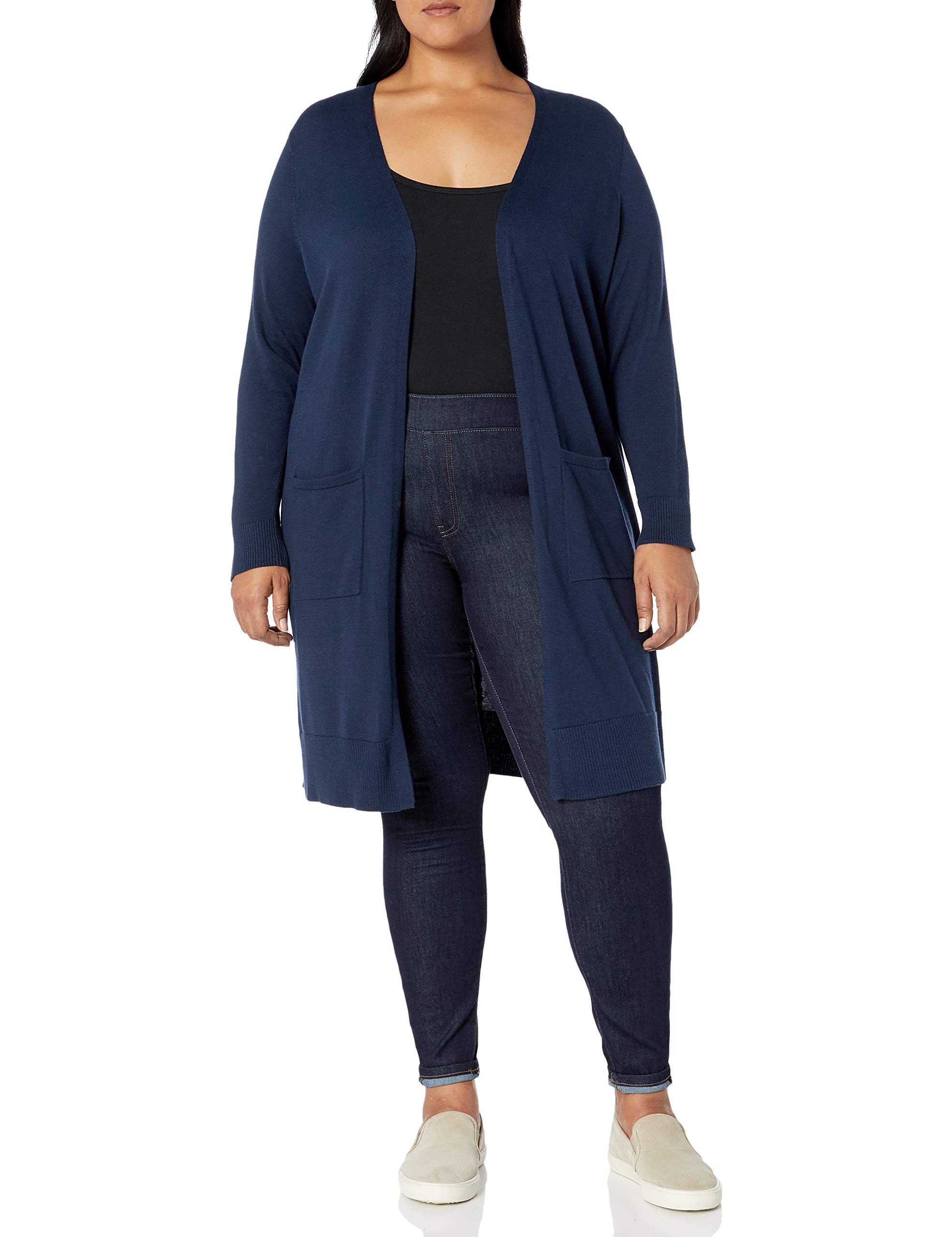 Amazon Essentials Damen Leichter, Länger Geschnittener, Langärmliger Cardigan-Pullover Mit Offener Vorderseite (In Übergröße Erhältlich), Marineblau, L