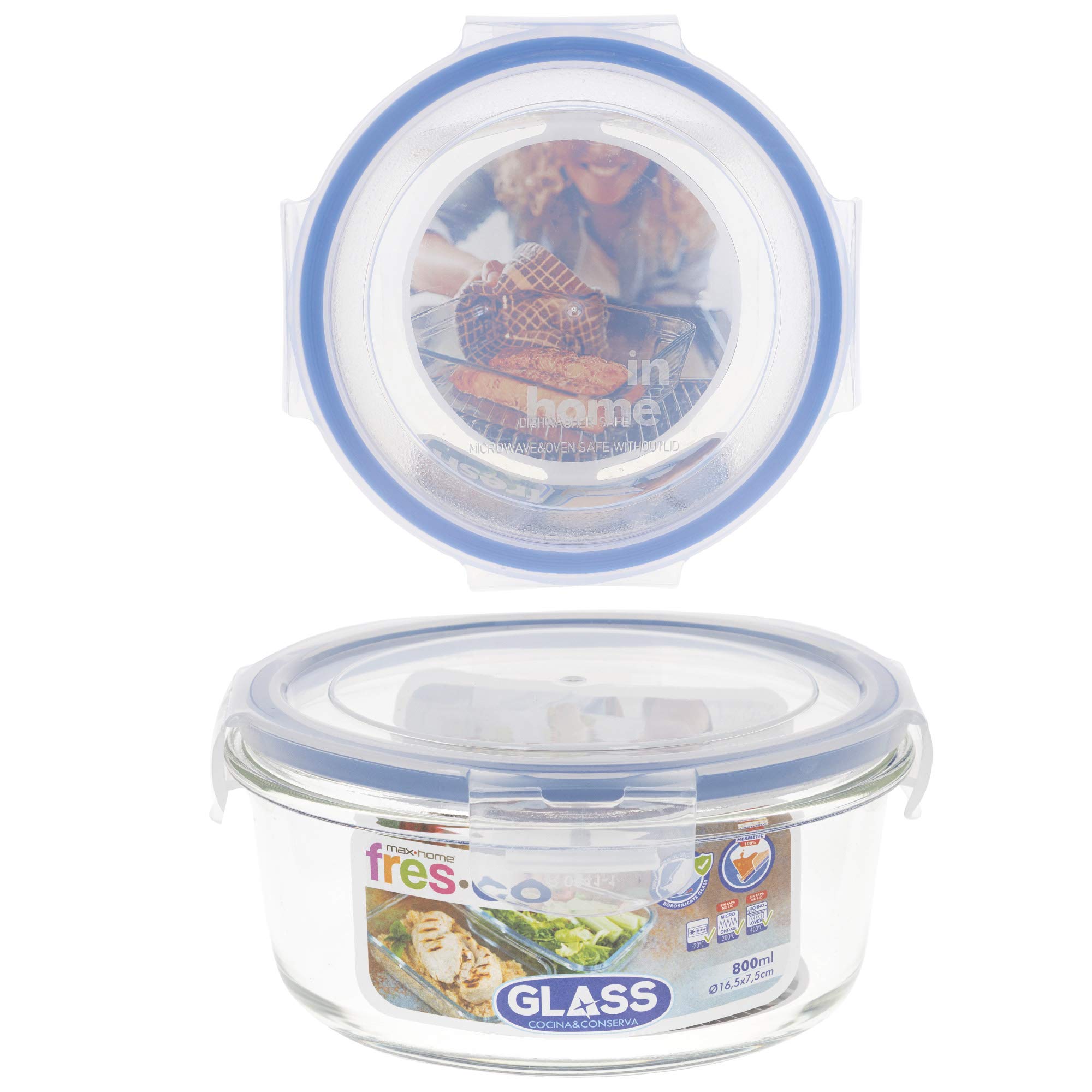 AKTIVE Max Home 8er Pack Luftdichte Glasbehälter 800ml Mikrowellengeeignetes Glas Lebensmittelbehälter mit luftdichtem Verschluss Food Container Runde Form (46)