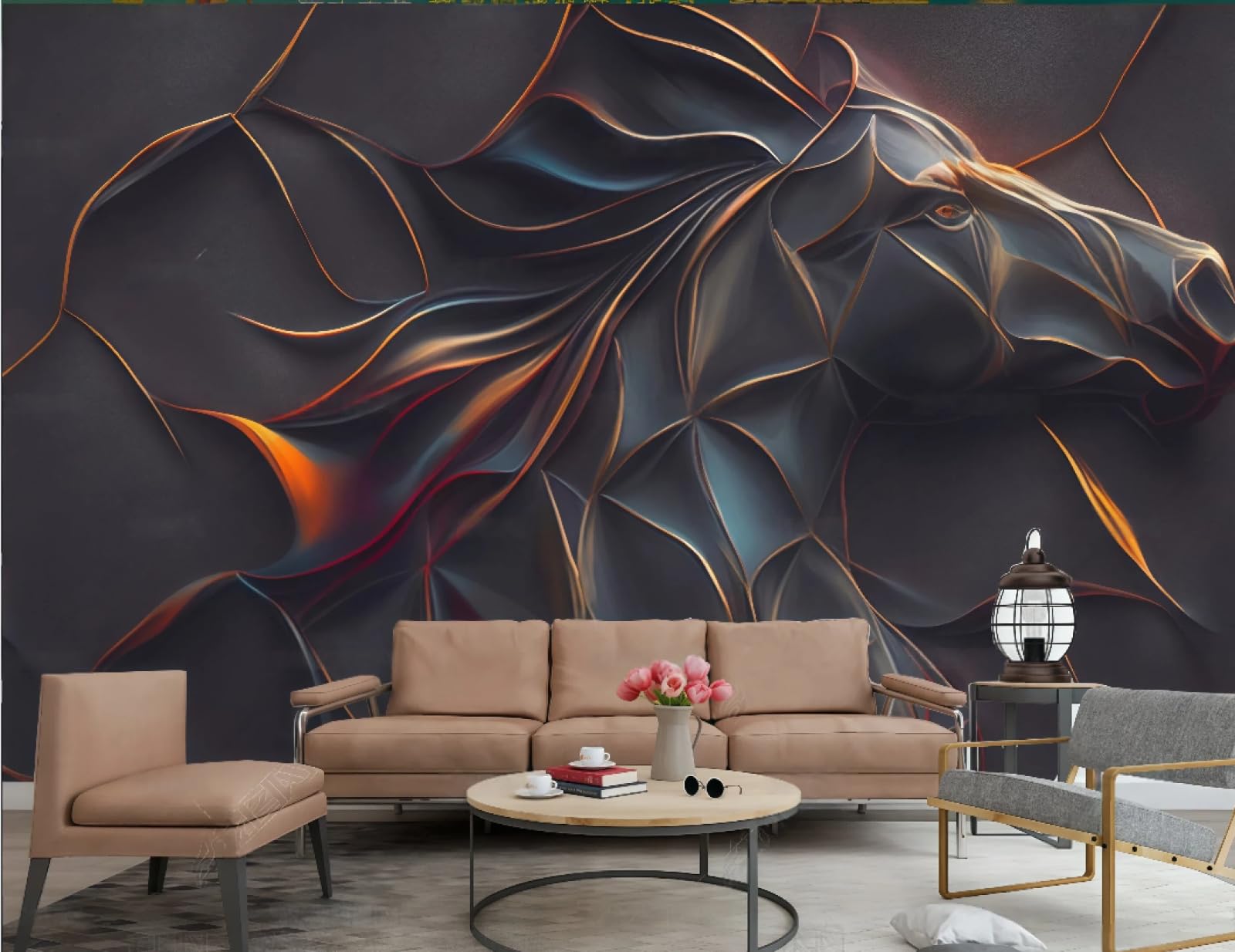Tapeta sztuka nowoczesna abstrakcyjne metalowe linie reliefowe koń wzór skalny obraz TV sofa tło tapeta ścienna salon restauracja kawiarnia mural, 3D, 250 x 175 cm
