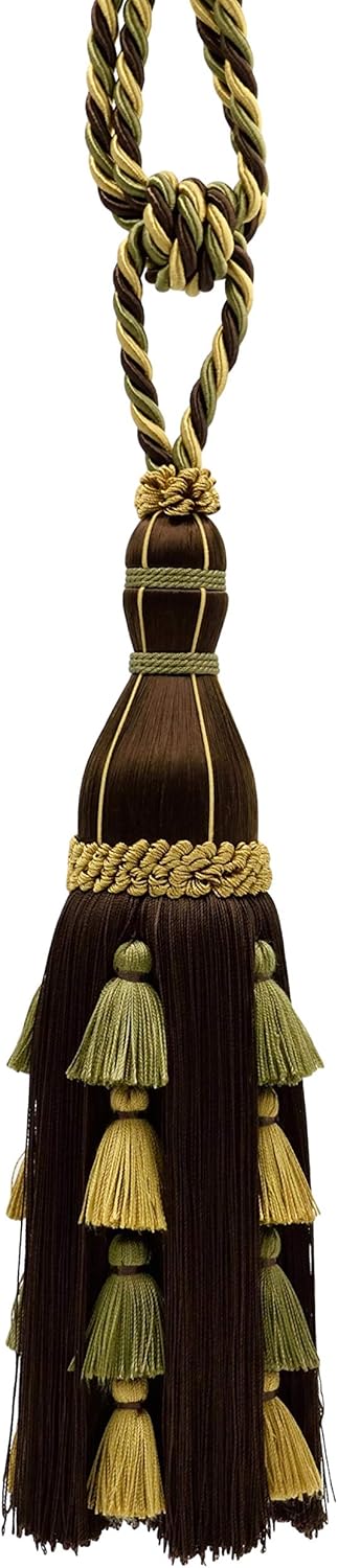 DÉCOPRO 35" Spread Traditional Tie Tiered Crown Brush Tassel Tieback (TBAR13-RN) Mocha Olive Brown Multicolor #AR04 (Dark Brown Olive Green Yellow Gold) Set of 4