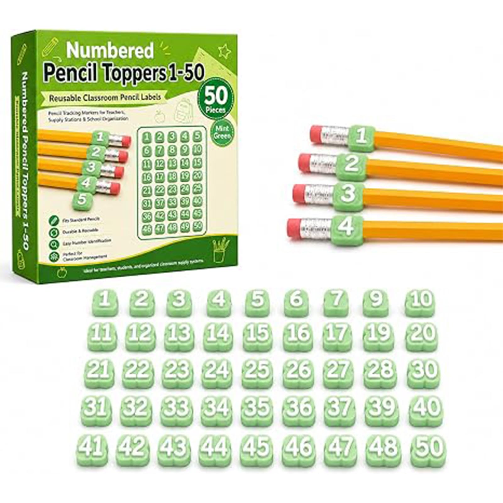 20/30/50 Pcs Numbered Pencil Toppers, Reusable Classroom Pencil Labels for Supply Tracking Station & Organization, Classroom Management Must Haves for Teachers (Green, Number 1-50)