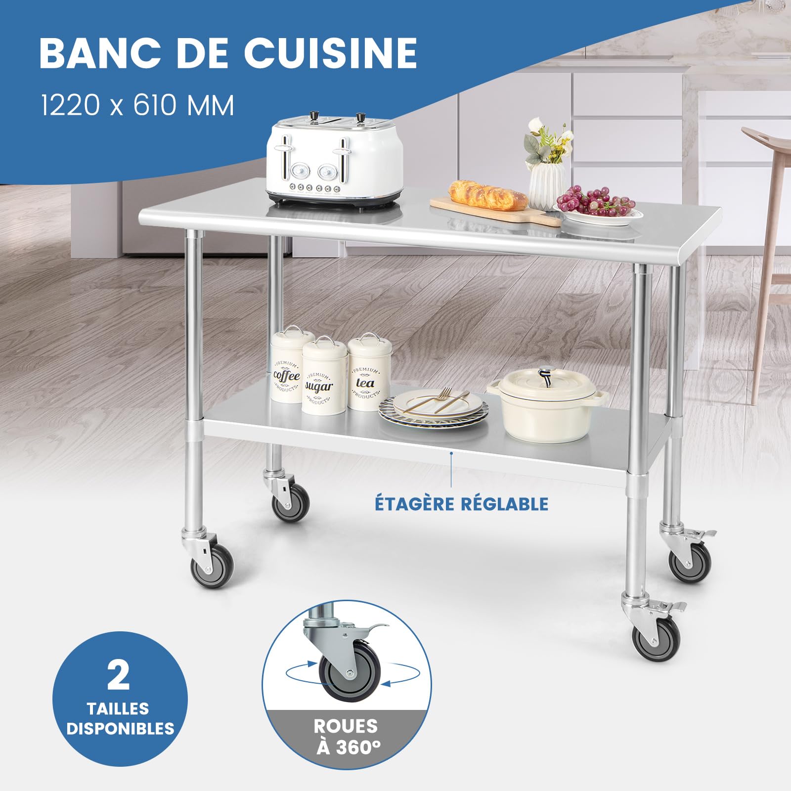 COSTWAY Table de Travail Cuisine 61 x 122 cm, en Acier Inoxydable à 2 Niveaux 2 Roues Verrouillables, Plateau Inférieure Réglable, Charge 250 kg, Extérieur/Intérieur pour Cuisine, Restaurant, Jardin
