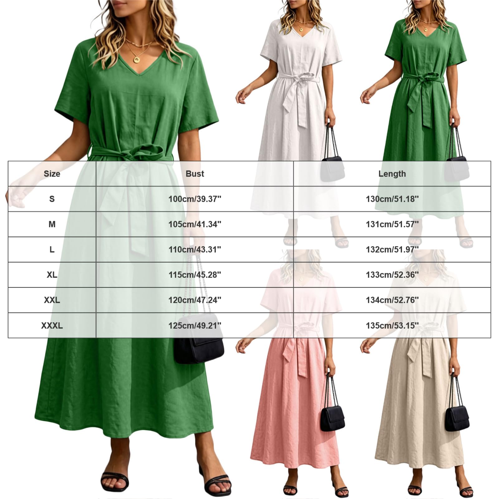 Vestito da Spiaggia Abito da Donna in Lino con Scollo a V, Casual Estivo, a Maniche Corte, Midi, con Cintura, Abito svolazzante per Le Vacanze. Copricostume Cotone