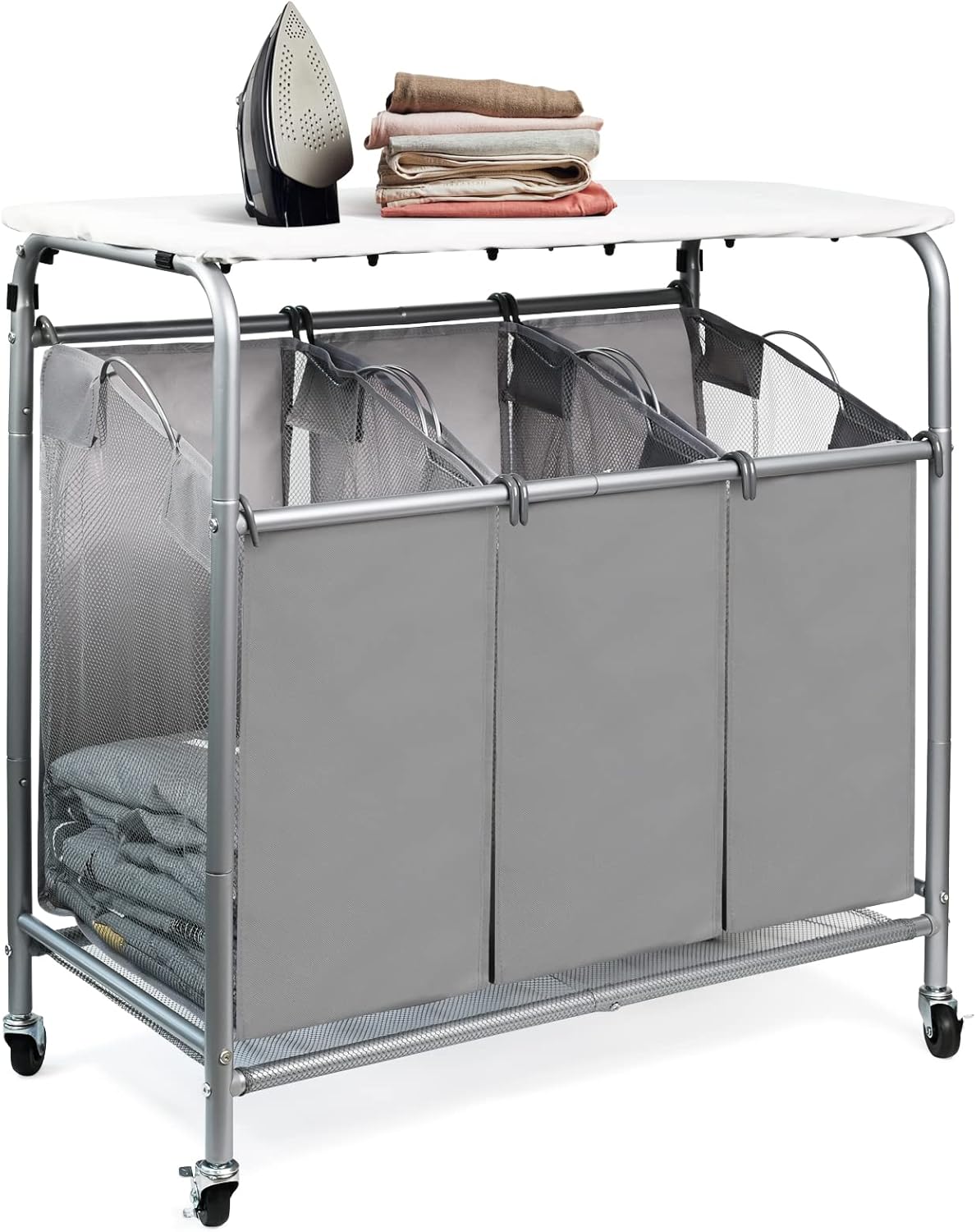 3 Bags Laundry Sorter Cart, Heavy Duty Rolling Laundry Hamper Sorter with Ironing Board(Grey)
