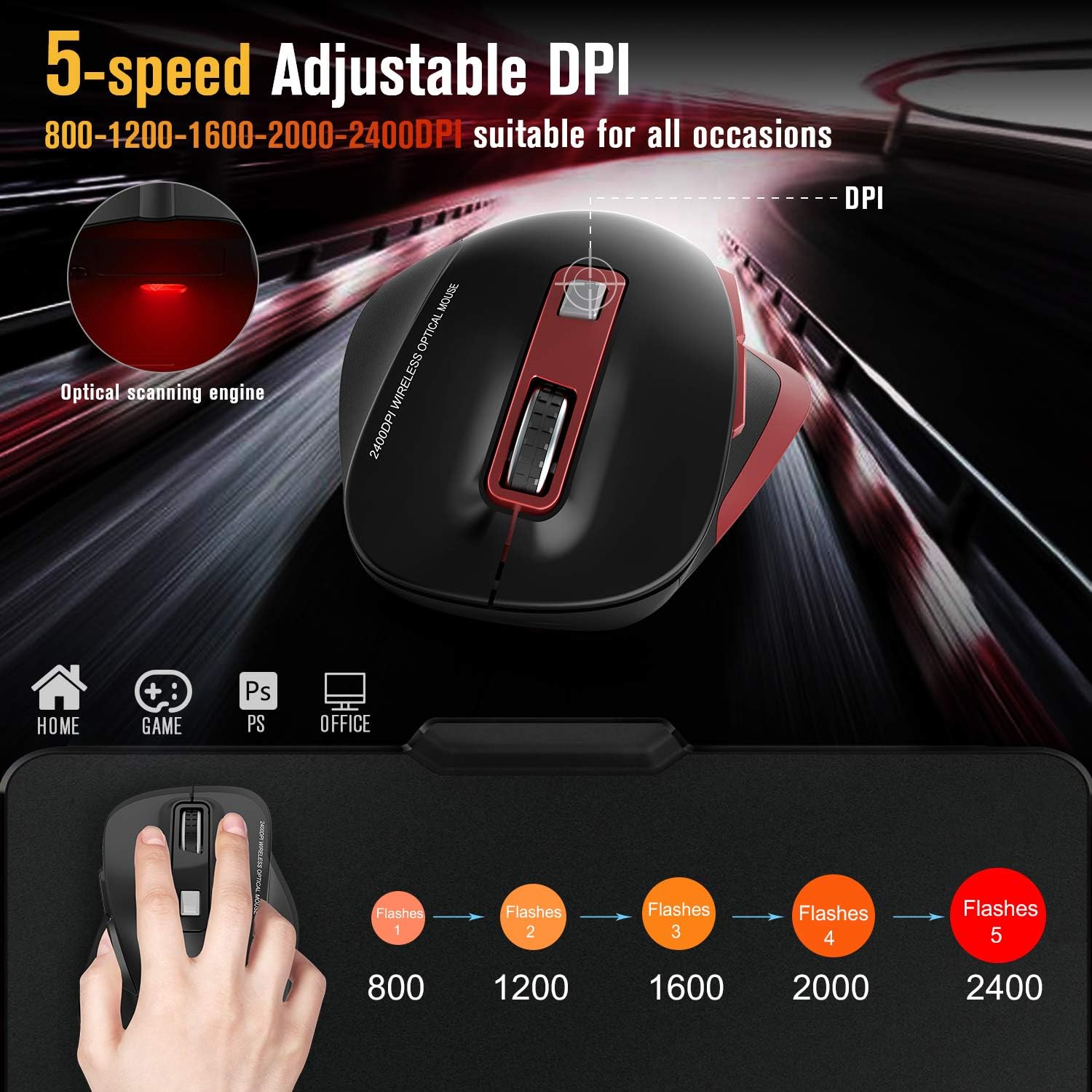 Wireless Mouse, TedGem 2.4G USB Mouse Computer Optical Mouse Full Size Ergonomic Mouse with USB Receiver 6 Buttons Laptop Mouse 5-Level DPI Adjustable Portable Mice for Laptop,PC,Windows,MacOs (Red)