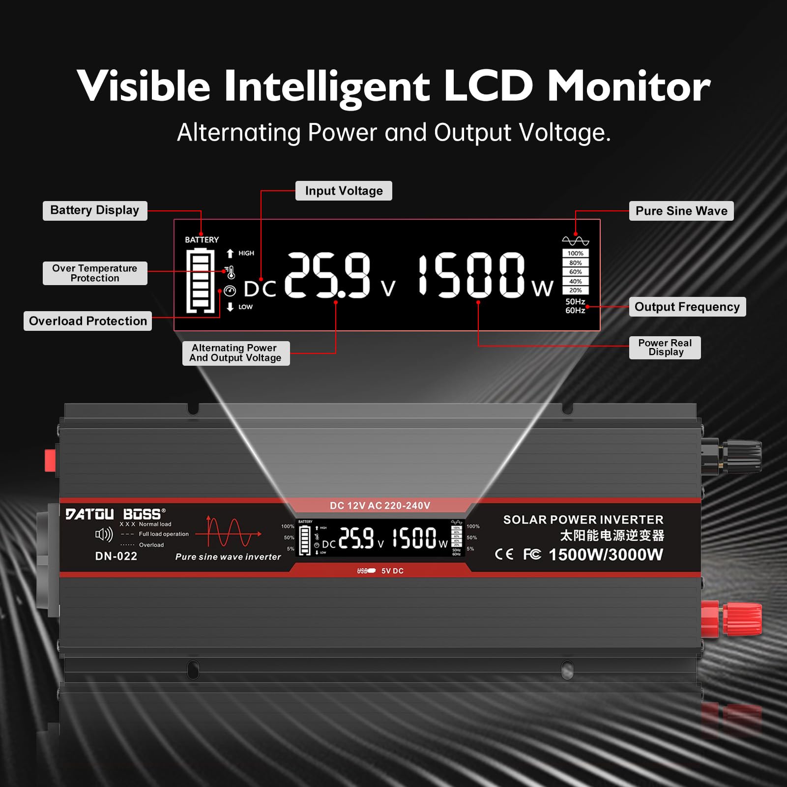 DATOUBOSS Przetwornica napięcia 24 V na 230 V, czysta sinusoidalna 1500 W/3000 W, z wyświetlaczem LCD, portami USB i gniazdami UE do domów, przyczep kempingowych
