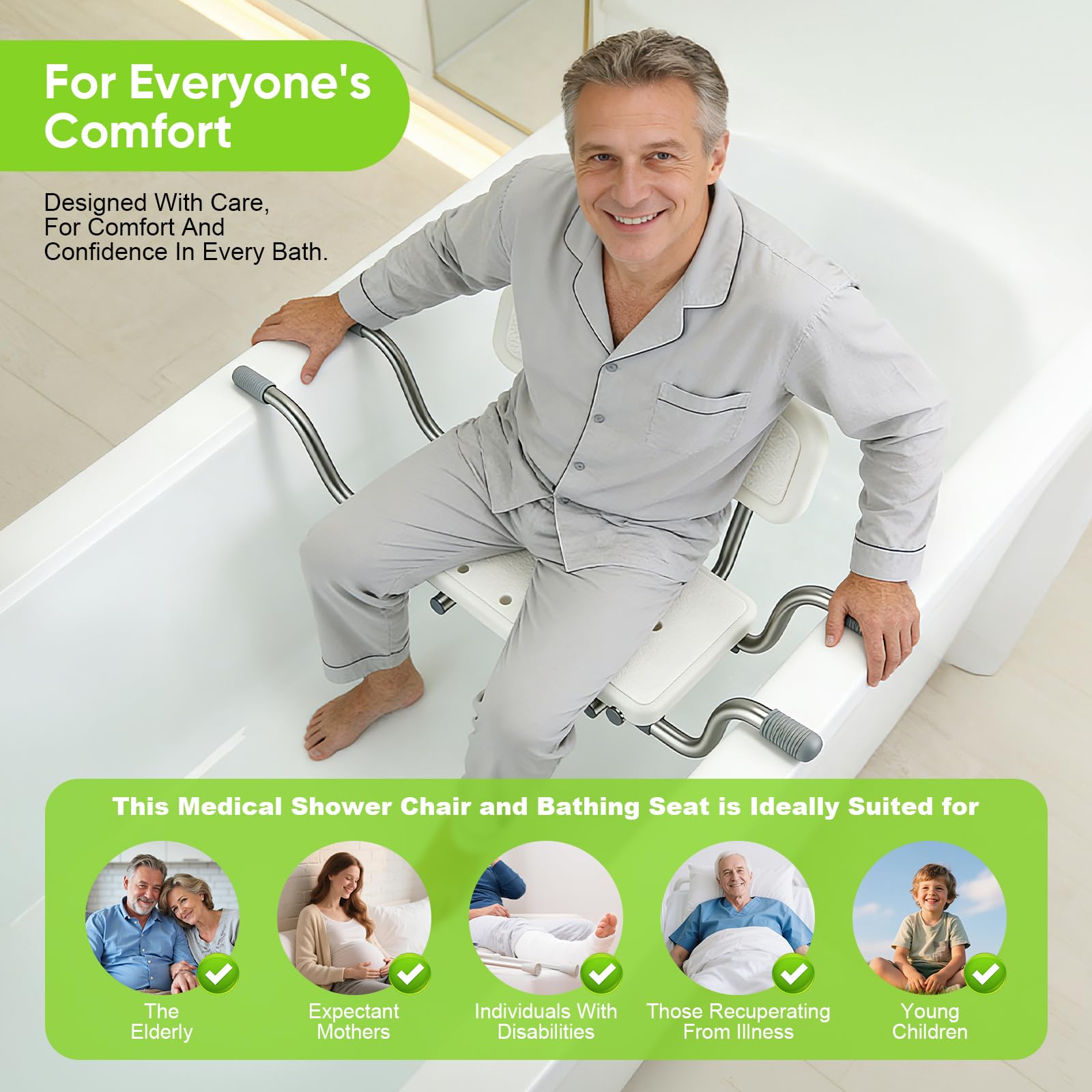 Asiento de bañera para personas mayores con respaldo, taburete antideslizante y extensible (76-96 cm), asiento de bañera de hasta 150 kg, ayuda para adultos