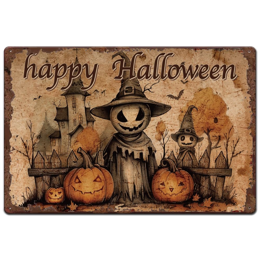 peiyeety Happy Halloween Metal Tin Sign Haunted House Tin Signs Scary Scarecrow Metal Poster Creepy Pumpkin Signs for Halloween Home Living Room Cafes Bars Pub Man Cave Wall Decor Plaque Sign 8"x12"