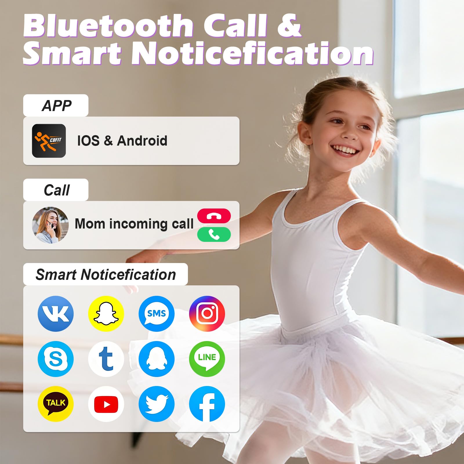 Smartwatch Bambini Fitness Tracker, 1.83" HD Orologio per Bambino Bambina con Frequenza Cardiaca Monitor del Sonno Resistente all'Acqua IP68, Smart Watch per Ragazza Ragazzo Ado 5-16 Anni Regalo Viola