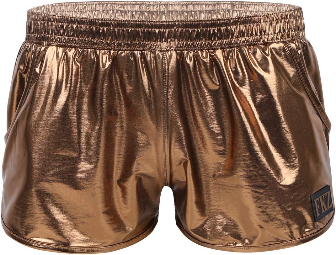 Mens Shiny Metallic Underwear Sexy Boxer Briefs Boxer Shorts Swim Trunks