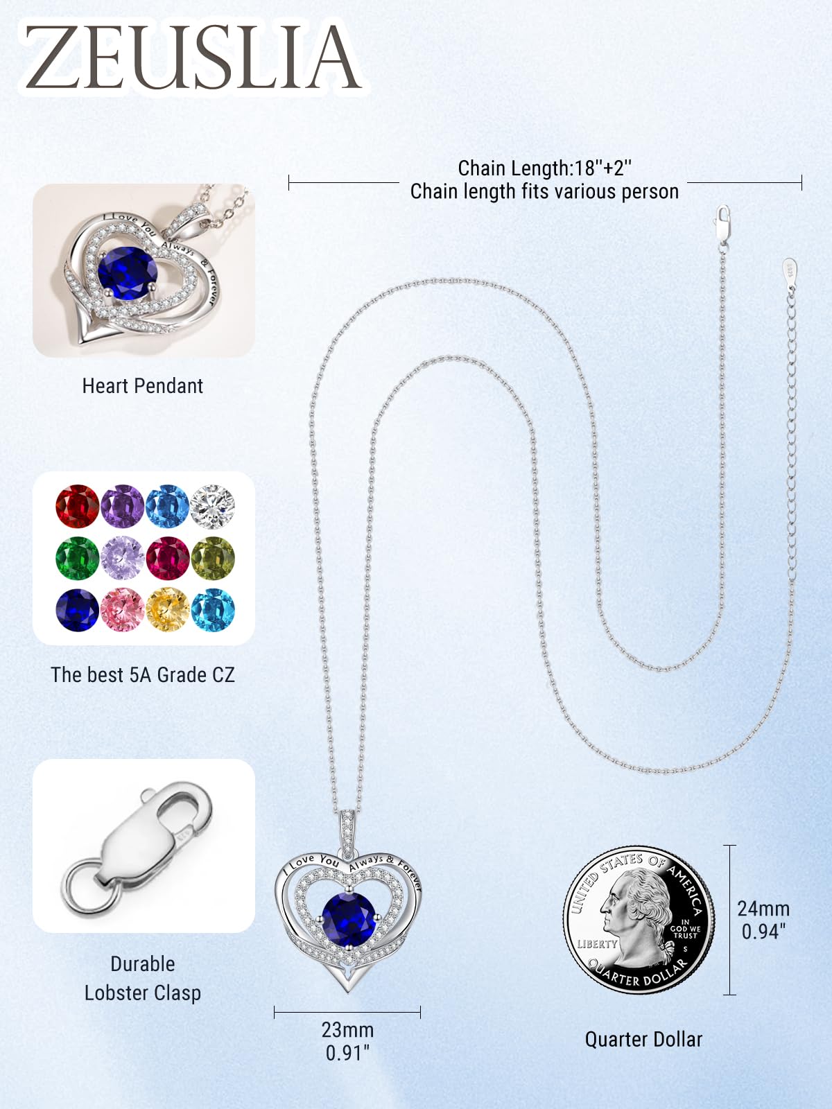 S925 Silber Halskette Damen, Ich Liebe Dich Immer und Ewig Schmuck, Mutter Mama Geburtstag Hochzeit Jahrestag Geschenk, Freundin Tochter Herz Kette mit Geburtsstein Anhänger
