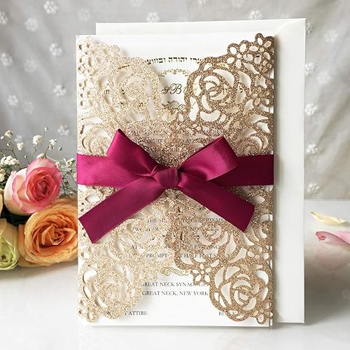 Miniatura 6 de 50 tarjetas de invitación de boda personalizadas de 5.12 x 7.28 pulgadas con corte láser dorado con lazo burdeos para despedida de soltera,