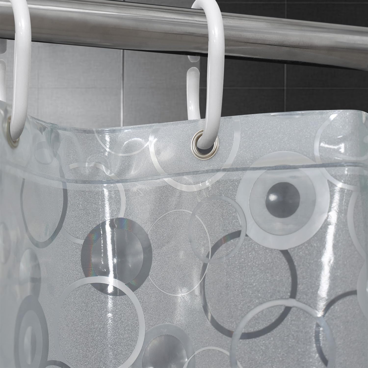 AooHome Cortina de ducha corta de plástico de 66 pulgadas – Cortina de ducha de EVA con diseño circular 3D con ganchos, 5 imanes inferiores, 10 g, resistente, repelente al agua, semitransparente, 72 x
