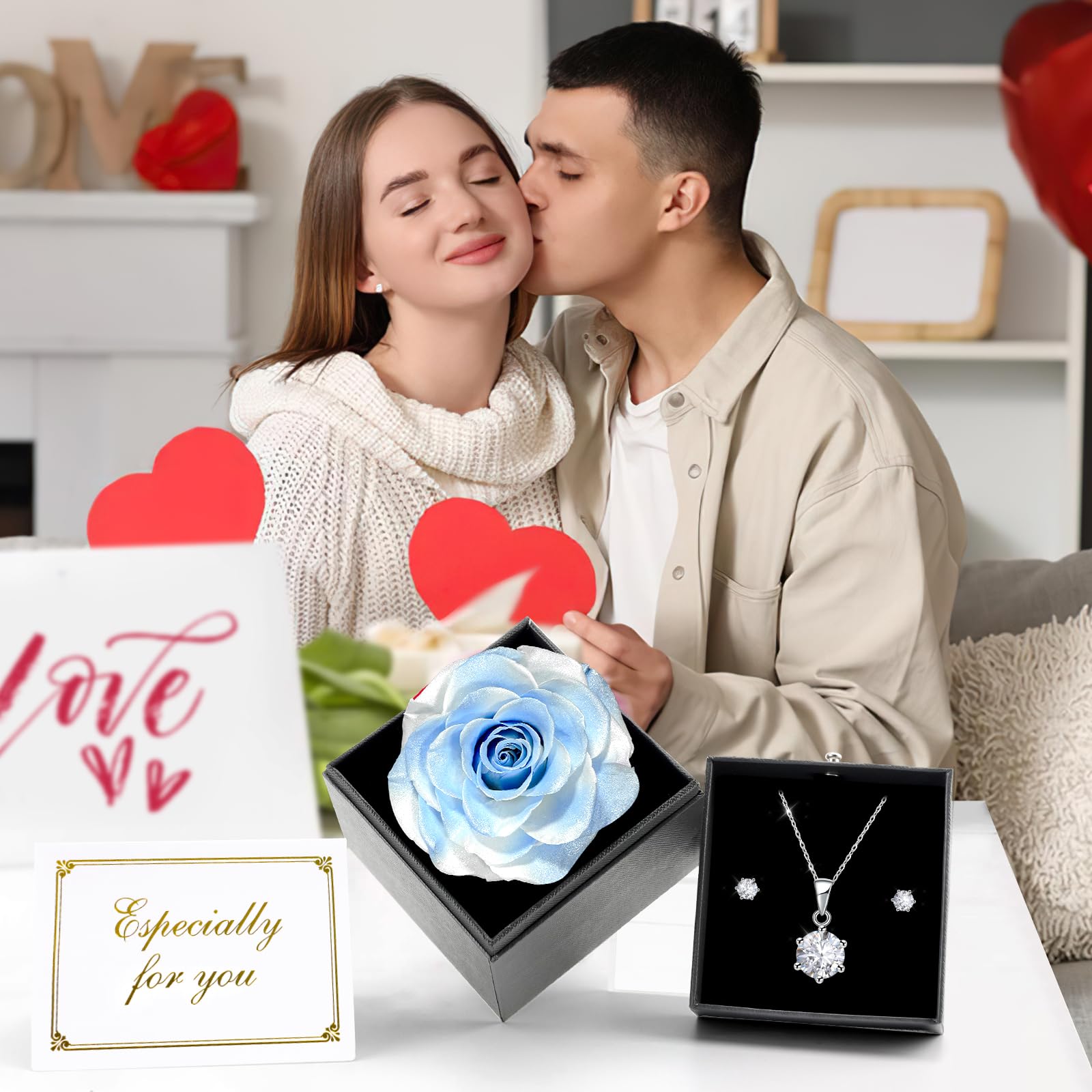Miofula Regalos Originales para Mujer, Rosa Eterna Natural Preservada con Collar Pendientes Rosa Regalo Cumpleaños Mujer, Flor Eterna Regalo Aniversario Pareja, Flores Preservadas Regalo Novia Navidad
