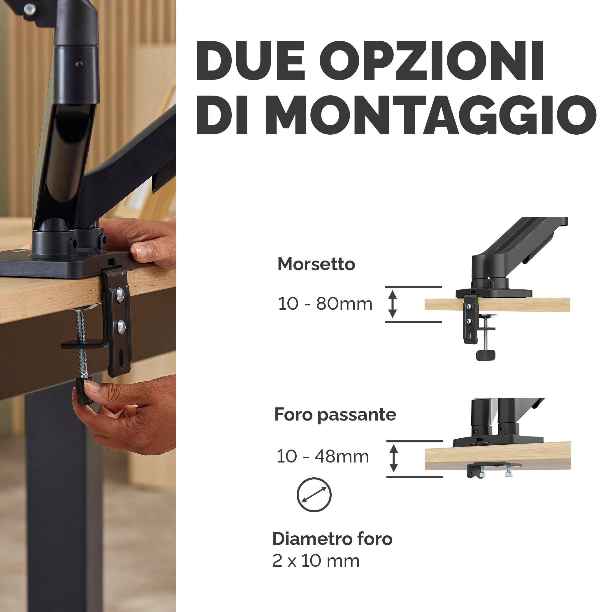 Fellowes Braccio Monitor Doppio Everyday Plus – Supporta 2 schermi 17"-32" (2-9 kg ciascuno), regolabile in altezza, inclinazione e rotazione, VESA 75/100, a morsetto o foro passante - Nero