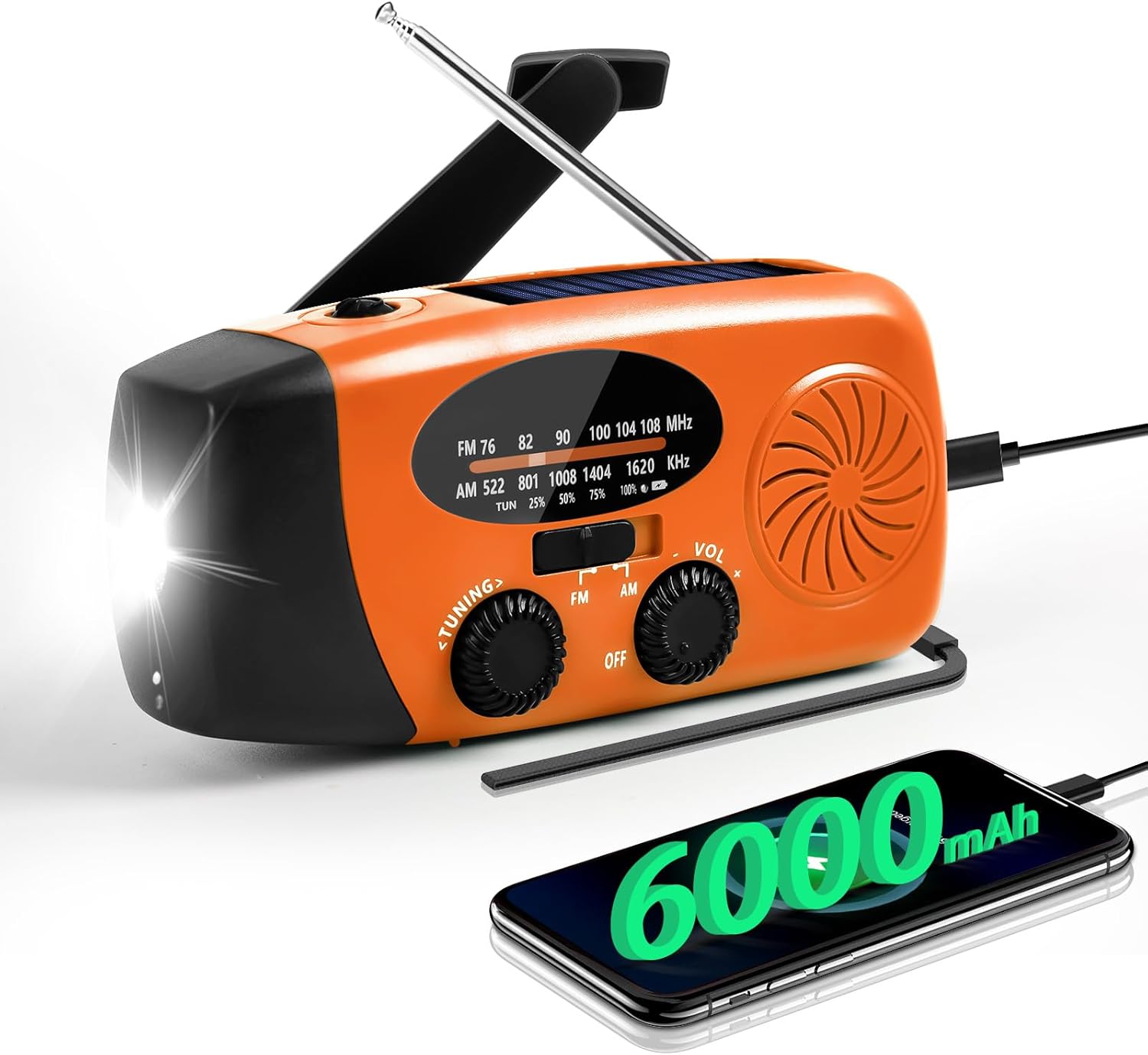 【9/30まで 50%OFFクーポン】【光・音・電源をこれ1台に 日常から非常時まで大活躍!】 防災ラジオ 多機能 防災懐中電灯ラジオ 携帯 6000mAh大容量 スマホ充電 手回し充電 ソーラー充電対応 3,980円 → 1,990円(税込)