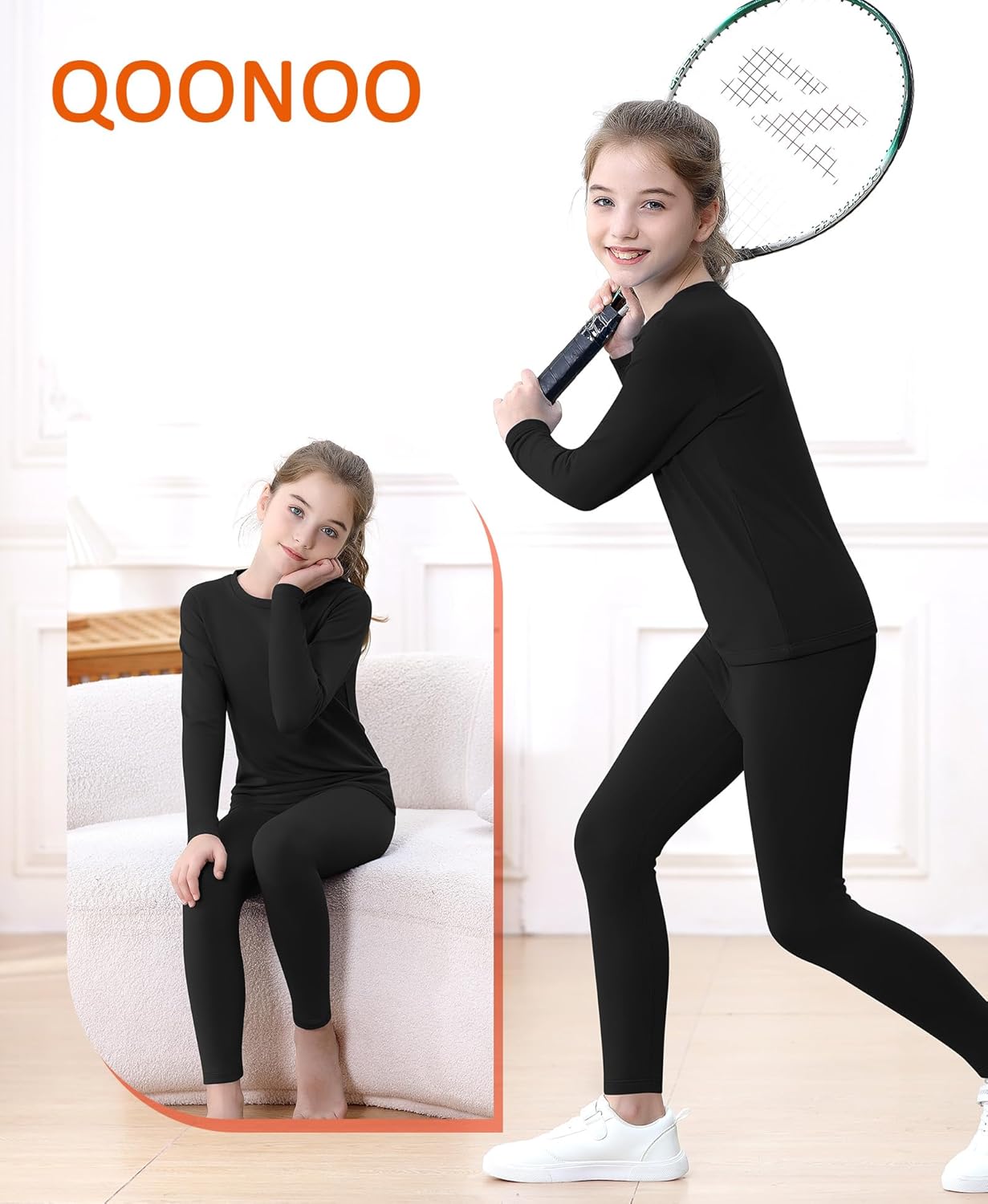 QooNoo Girls Thermal Underwear for Kids Long Johns Base Layer Set Winter Fleece Lined Top and Bottom Set