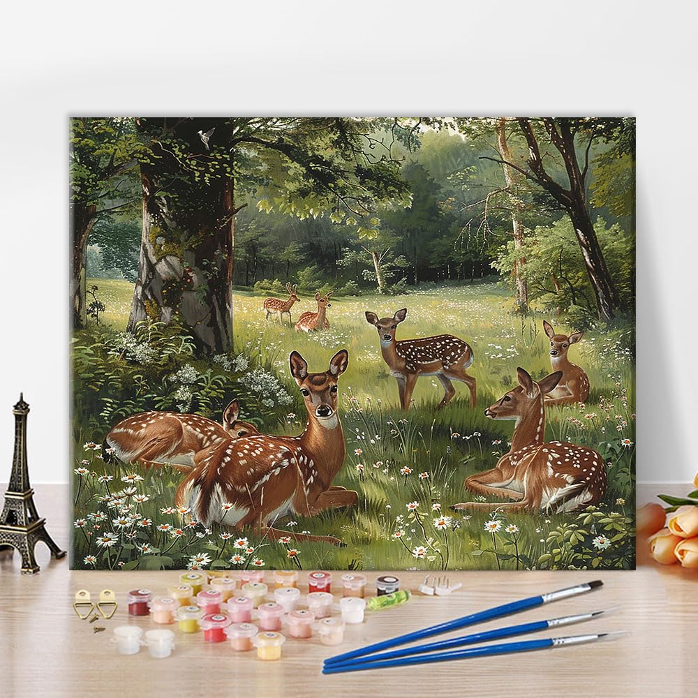 Deer Paint by Numbers Kit for Adults DIY Herd Deer Resting Meadow Tree Painting by Numbers for Adults Beginner Gift Wildlife Canvas Oil Painting Kit for Home Decoration Without Frame 16x20 Inch