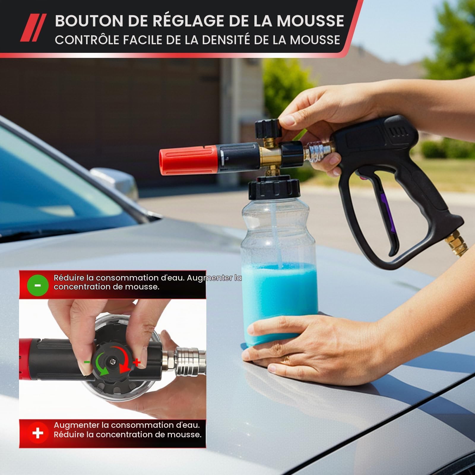 Pistolet de Nettoyage Haute Pression 5200 PSI avec Lance à Mousse 1L et 5 Buses pour Nettoyage de Voiture, Adaptateur Compatible Karcher