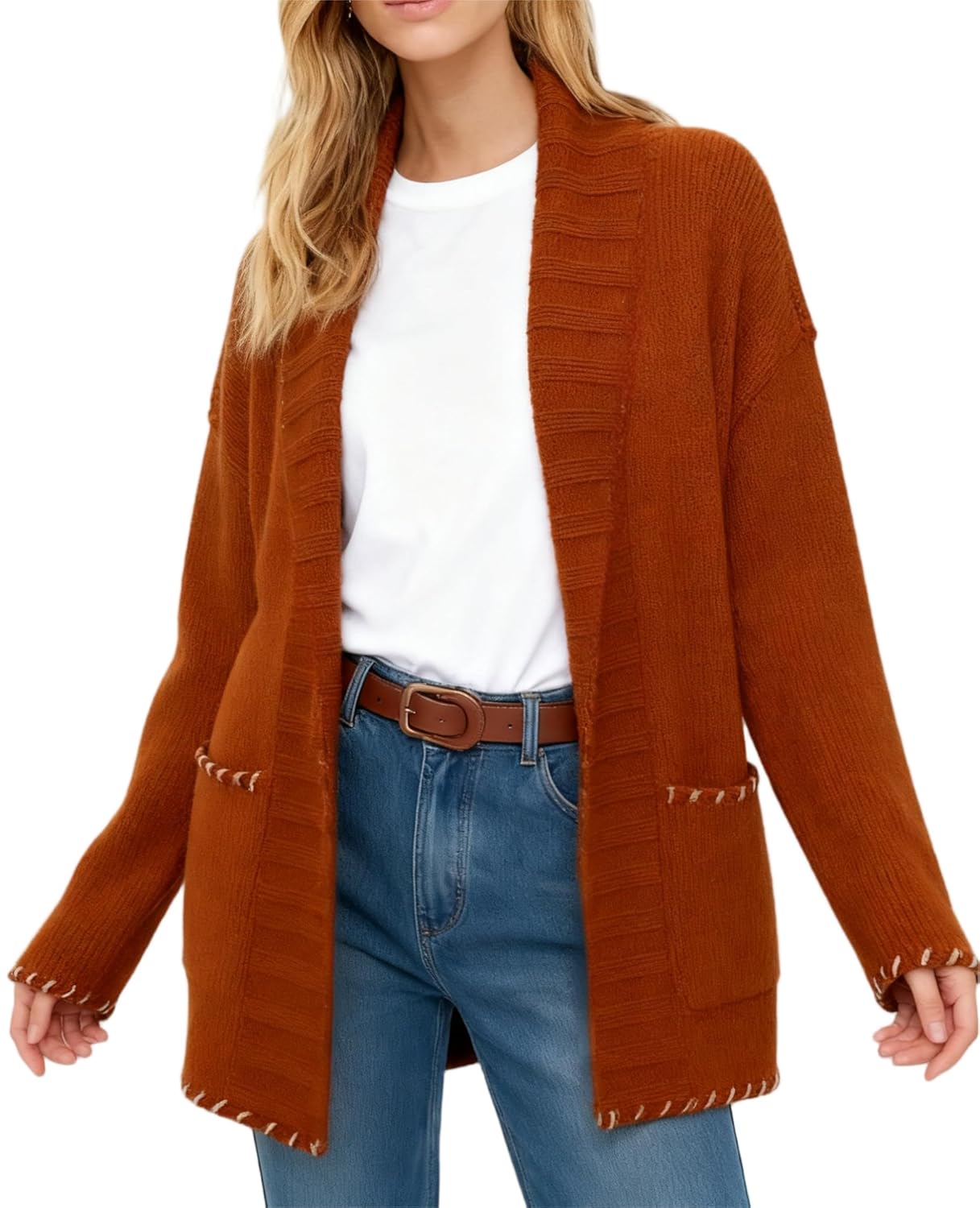 VAOYIU Womens Elegant Knit Cardigan Shawl Collar Versatile Soft Outerwear with Pockets and Stitched Details